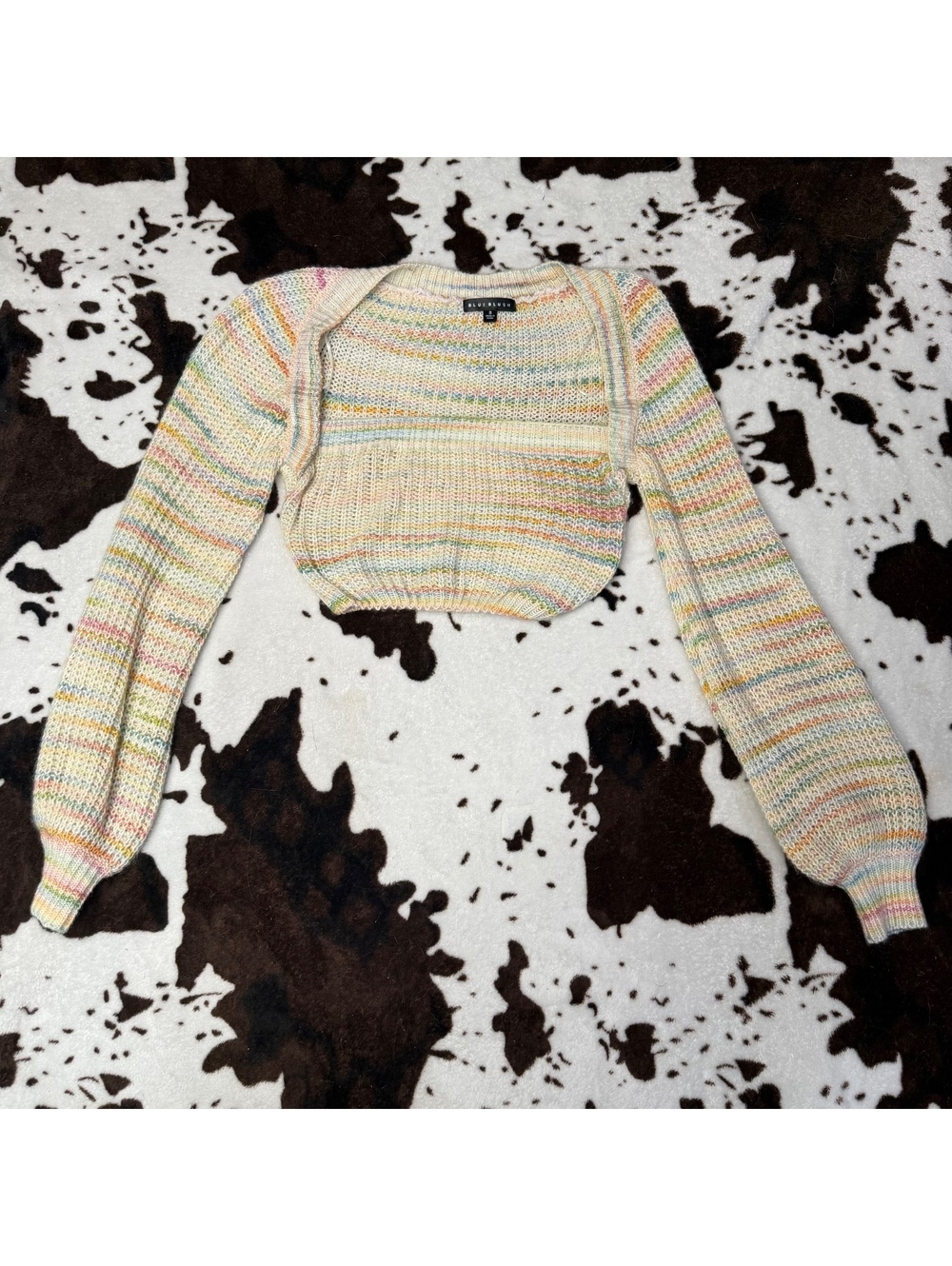 Blue Blush Rainbow Stripe Knit Shrug Bolero Cropped Tie Cardigan S